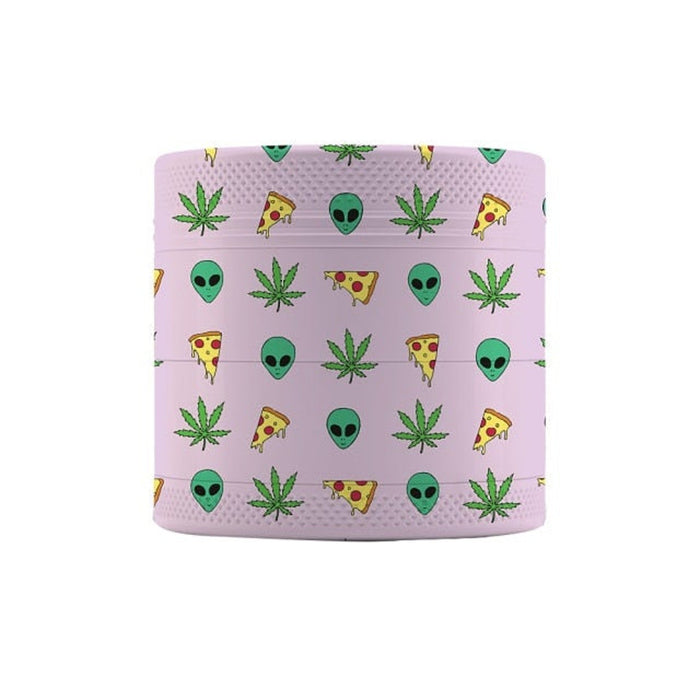 Happy Buds Small Grinder in Pink with alien, leaf and pizza motifs