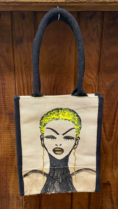 PPP Artwork Hand Painted Small Tote with Black trim- YELLOW SHORT DO