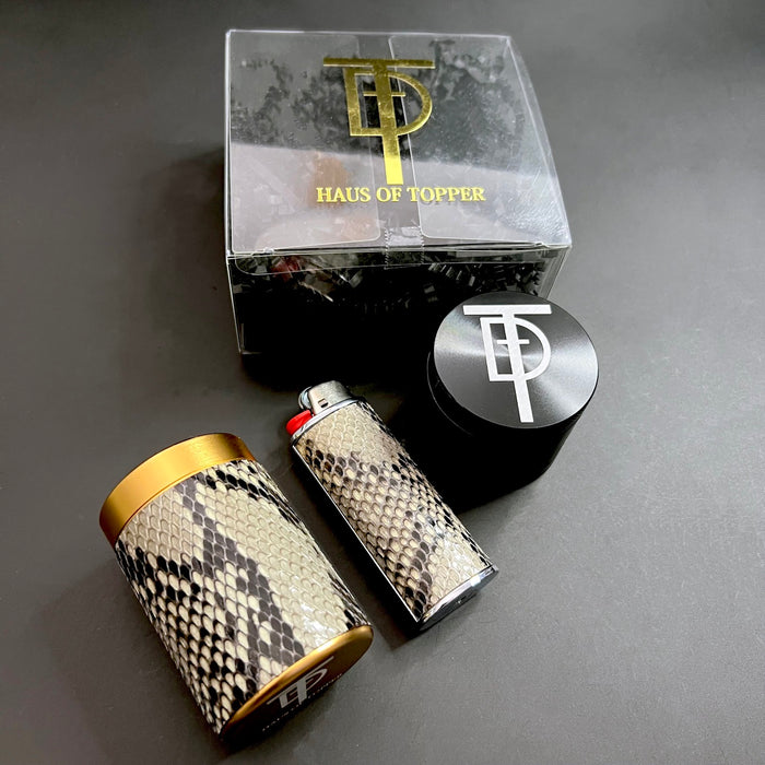 Haus of Topper Objects Diamondback Python gold canister/classic lighter gift set