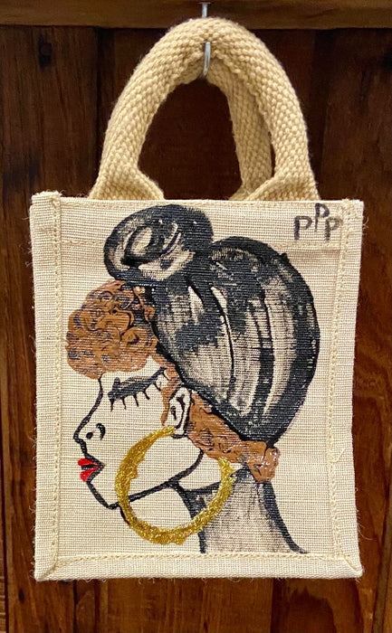 PPP Artwork Hand Painted Small Tote- BLACK HEAD WRAP