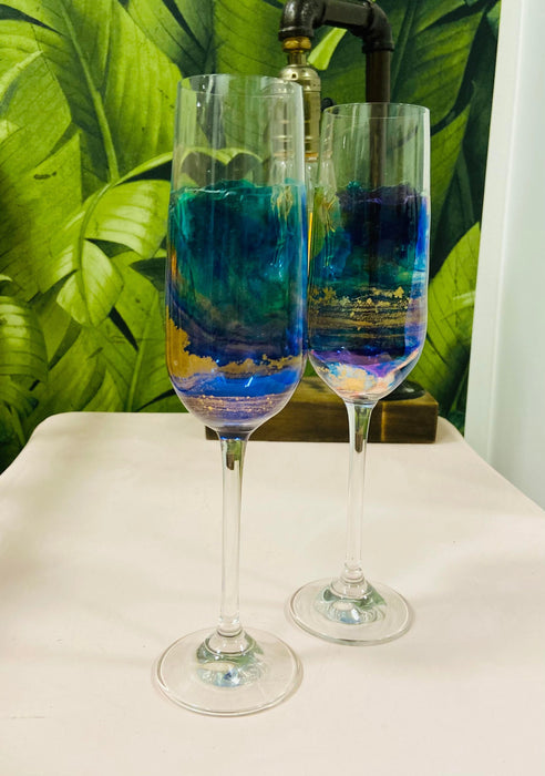 Soleil Bris Blue with Purple Swirl and Gold Hand Made Long Stem Champagne Flutes set of 2