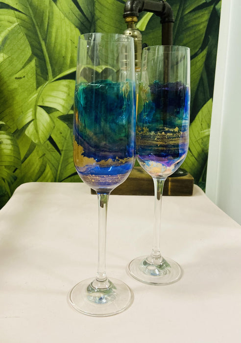 Soleil Bris Blue with Purple Swirl and Gold Hand Made Long Stem Champagne Flutes set of 2